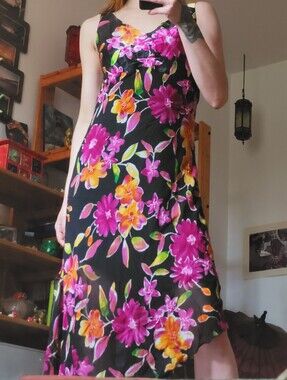 Paraphrase Y2k Beaded 100% Silk Floral Print Black Pink Asymmetrical Dress - L